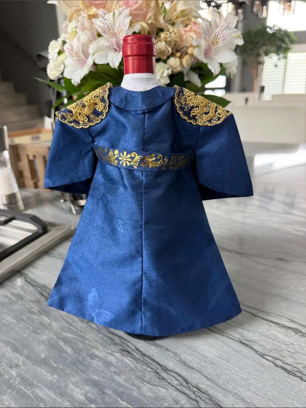 Navy Blue Wine Bottle Robe with Gold Embroidery